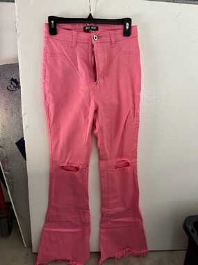 Jo Jo Pink Flare Jeans with Distressed Knees